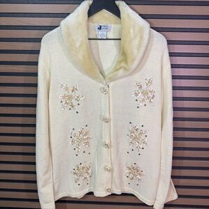 J Two New York Snowflake Cream Embellished Faux-Fur Collar Sweater Cardigan